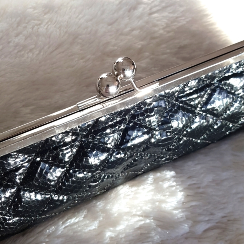 Baguette quilted snakeskin kisslock clutch